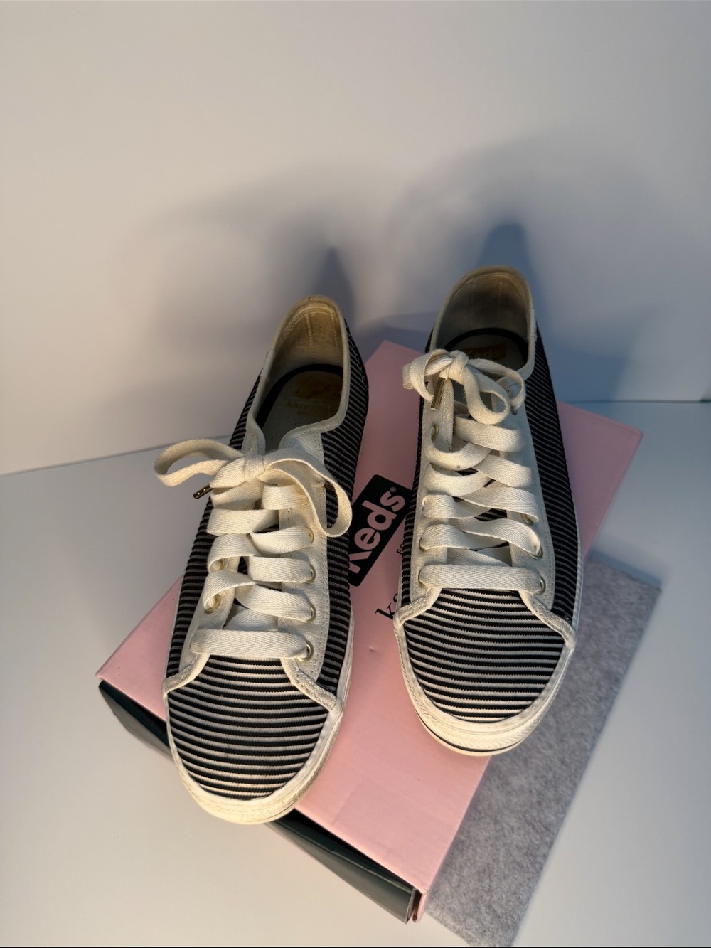 Kate Spade Striped Canvas Lace-Up Sneakers in Navy Blue and White